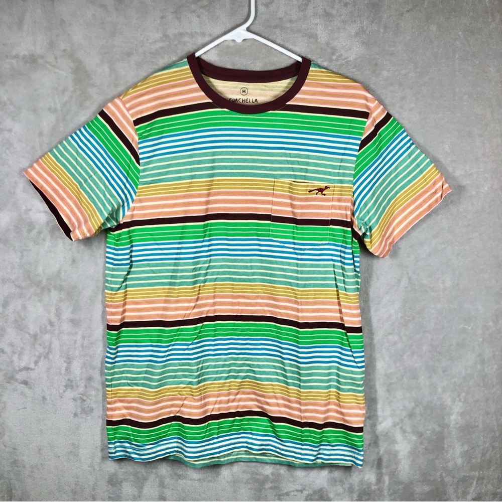 Coachella Festival Roadrunner T-Shirt Size M Green Brown Striped Music Funky Fun
